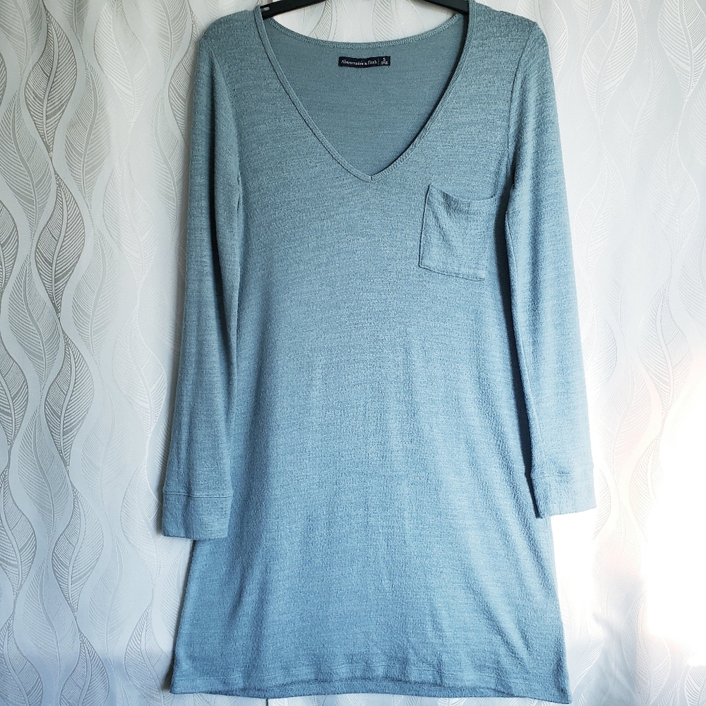 A&F Heathered Green Vneck Long Sleeve Fuzzy Sweater Dress